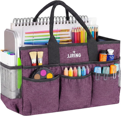 JJRING Large Art Supply Storage Tote Bag With 2 Mesh Side Pockets & Front Elastic Pockets – Sturdy Craft Organizer Caddy with Reinforced Bottom For Sewing, Scrapbooking, Teachers & Artists(Green) | Breathable Material