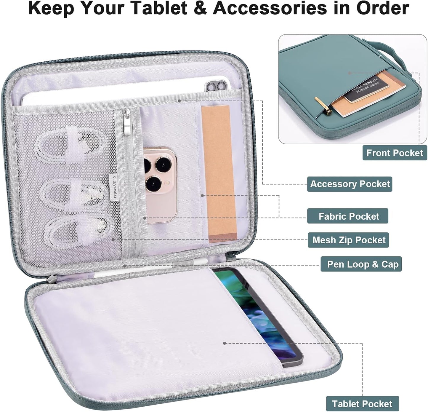 8-9 Inch Tablet Sleeve Bag, Padded Travel Pouch for Galaxy Tab A9 8.7/Tab A 8.4/Fire HD 8, Portfolio Style with Mesh Pocket and Compartments for Accessories (PU-Gray9)