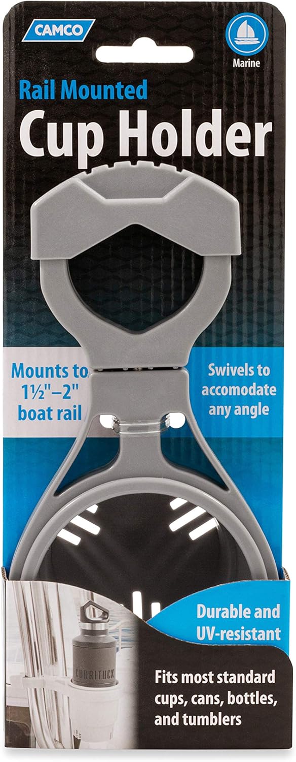 Camco Large Clamp Mounted Cup Holder-Provides a Secure Location for Your Beverage-Mountable for Up to 2-Inch Rail-White (53083)