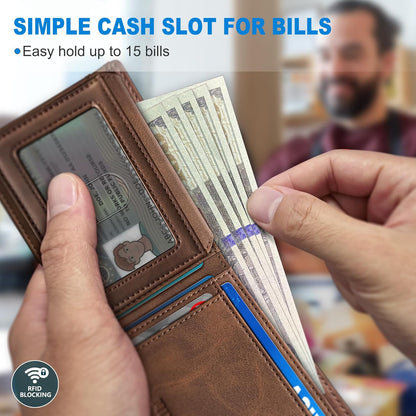 miyozi AirTag Wallet for Men, Slim Leather Bifold with Holder Slot, 2 ID Windows & 13 Card Slots, RFID Blocking Front Pocket Wallet with Gift Box
