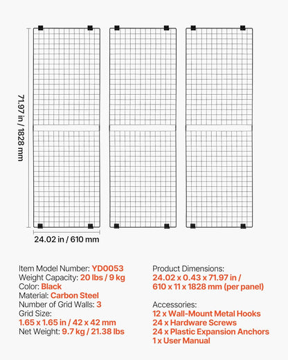 VEVOR 3 Packs Grid Wall Panels, 2 x 6 ft Wire Grid Panels Display Rack, Wall-Mounted Art Display Shelf, Black Carbon Steel Wall Hanging Gridwall for Craft Show, Decoration, Storage, Notice Board