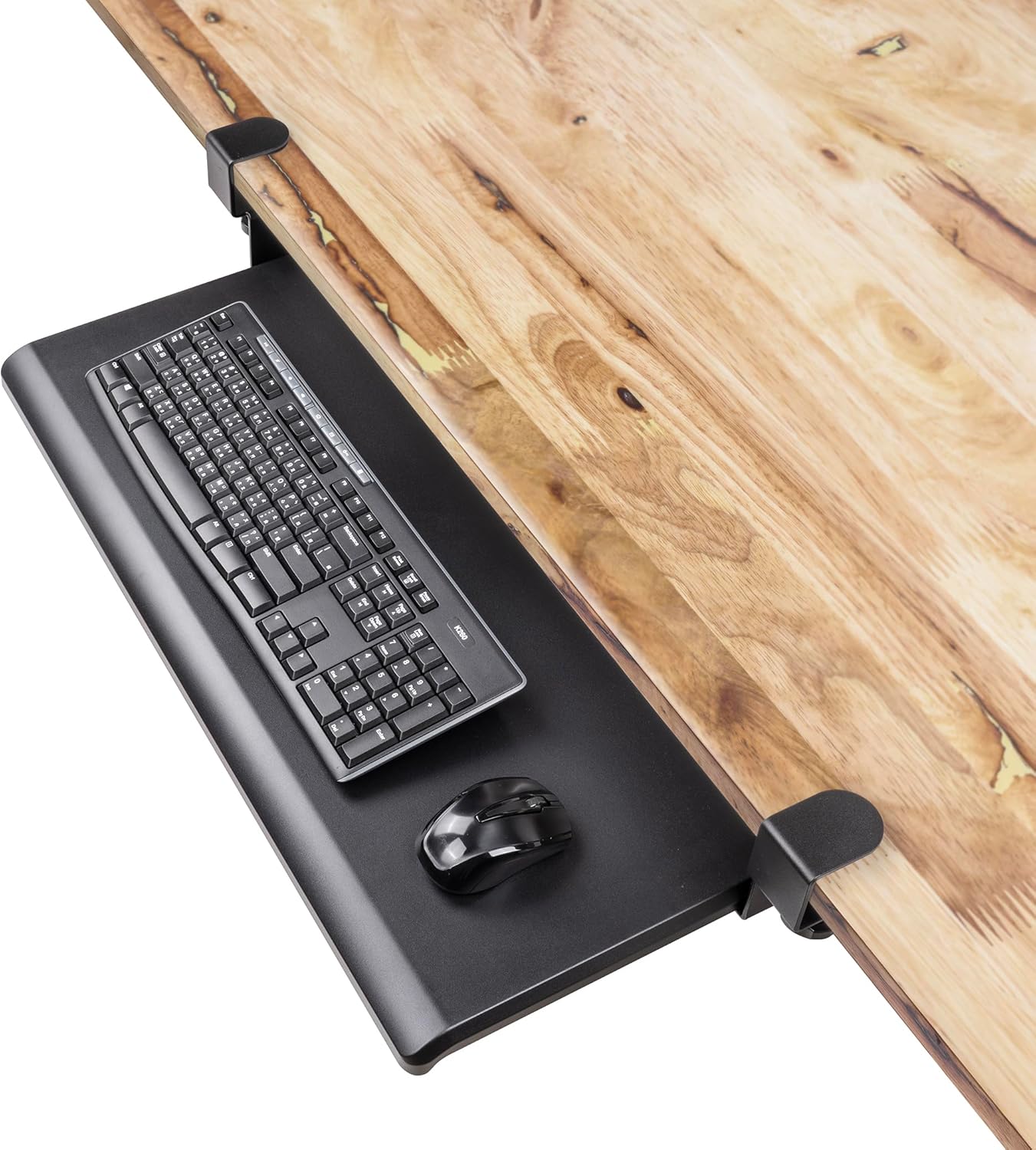EHO Large Ergonomic C-Clamp Keyboard Tray Mount Under Desk with Wrist Rest, Slide-Out Platform 27.5" (31.8" Including Clamps) x 12.5", Pull Out Keyboard & Mouse Tray for Home or Office, Black