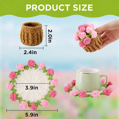 Flower Crochet Coasters, Handmade Bouquet Blanket Coaster with Crochet Plant Pot Fun Soft Decorative Drink Coasters for Coffee Tabletop Protection and Home Decor (Pink, 1Pc)