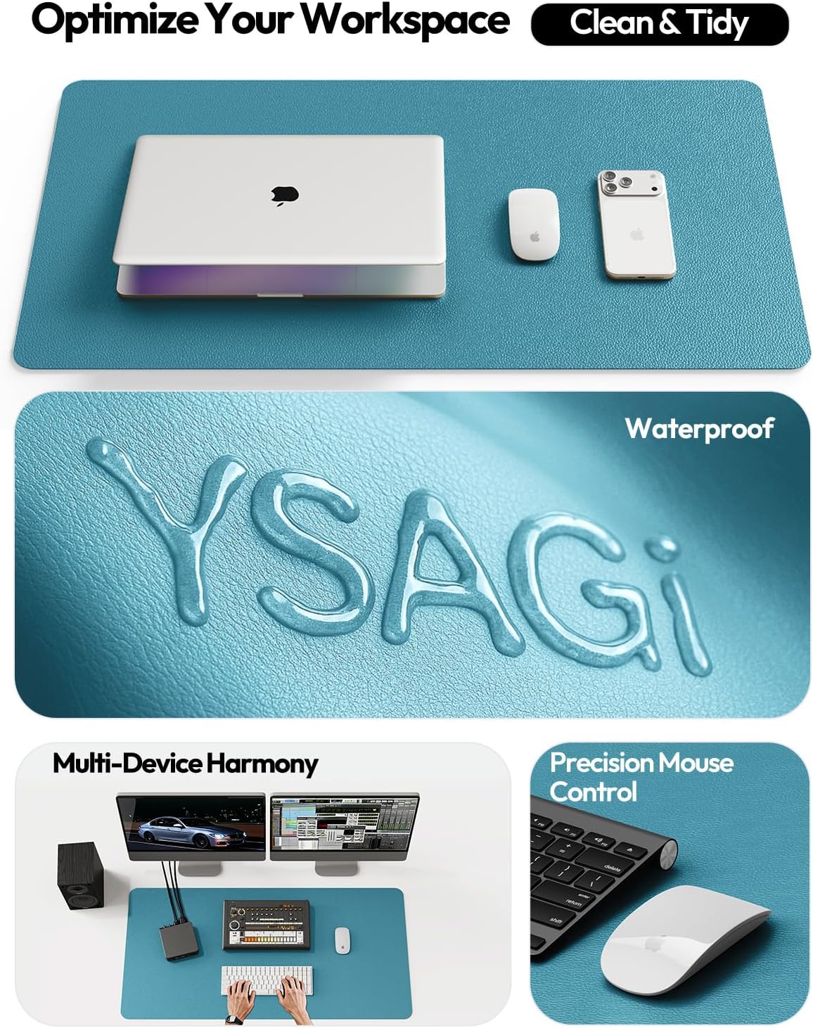 YSAGi Leather Office Desk Pad Protector, Large Mouse Pad, Non-Slip, PU Leather, Laptop Desk Blotter, Waterproof Writing Pad for Office and Home, Black, 23.6" x 13.8" - Colors B