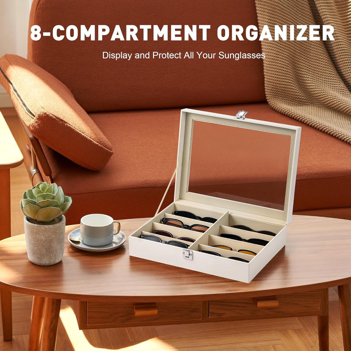 CO-Z Leather Multi Sunglasses Organizer for Women Men, Eyeglasses Eyewear Display Case with 8 Slots, Jewelry Watch Organizer, Sunglasses Jewelry Collection Case, Sunglass Glasses Storage Holder Box