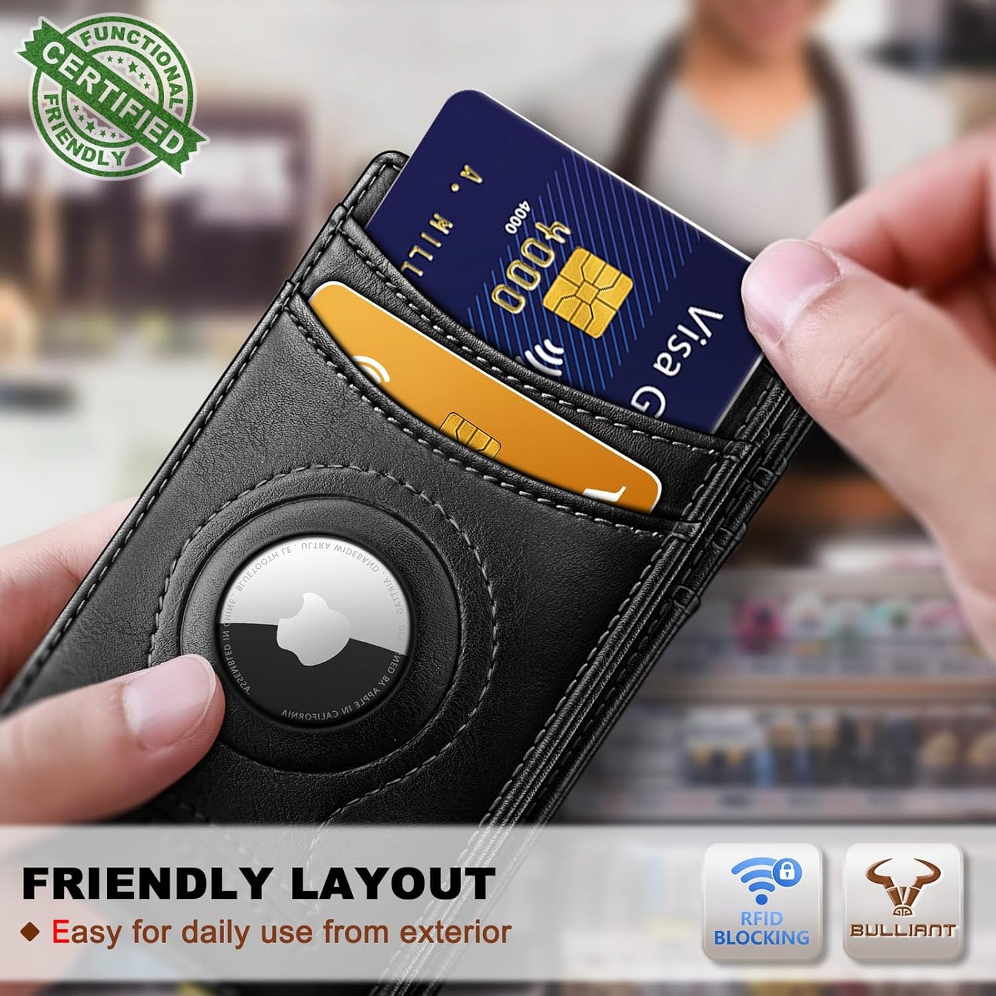 BULLIANT Men Airtag Wallet,Slim Wallet Money Clip Card Holder Magnetic Closure 12 Cards in Front Pocket RFID Blocking