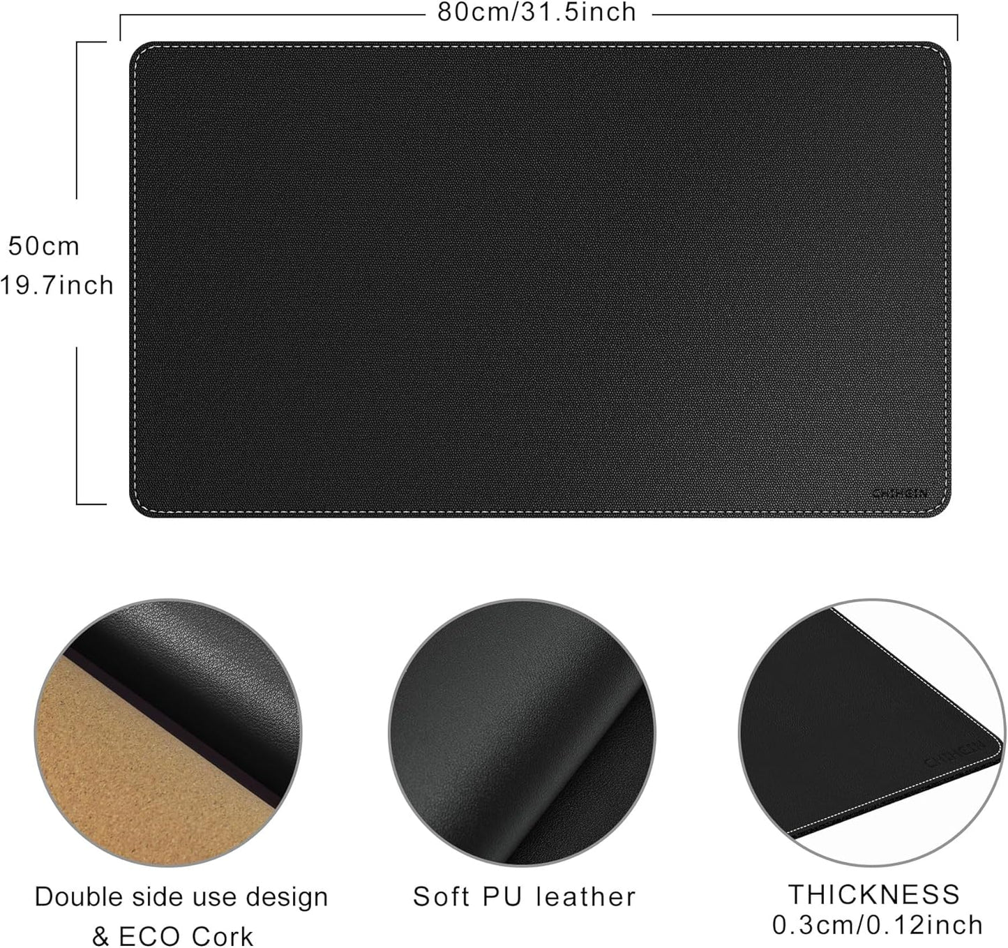 Chihein 2XL 35" x 16" Cork & PU Leather Desk Mat, Dual Sided Desk Pad Protector, Waterproof Writing Blotter for Gaming, Office, Home (Black)