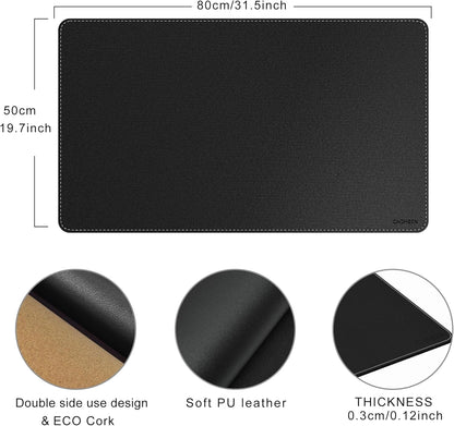 Chihein 2XL 35" x 16" Cork & PU Leather Desk Mat, Dual Sided Desk Pad Protector, Waterproof Writing Blotter for Gaming, Office, Home (Black)