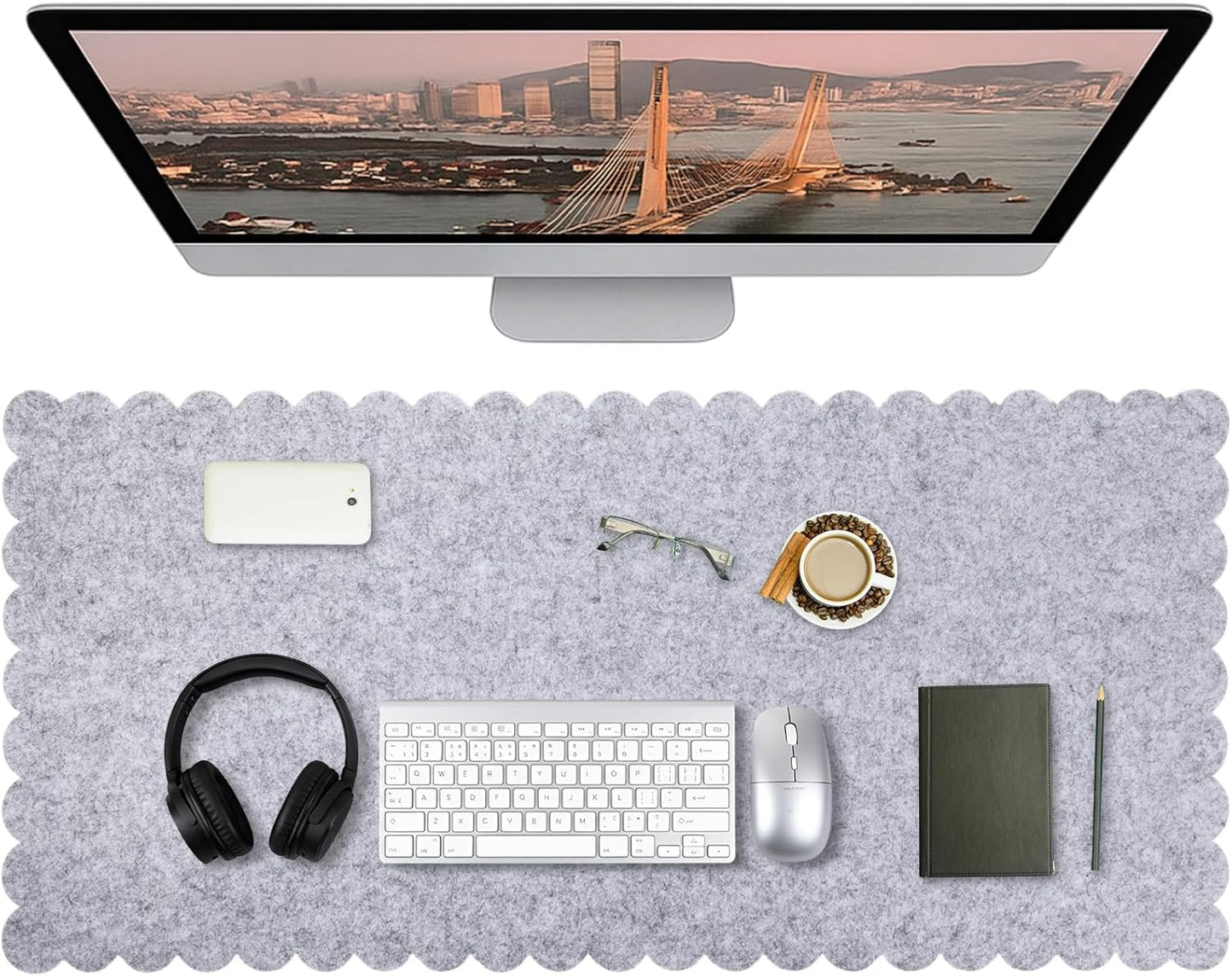 Copkim 35 x 16.5 Inch Felt Desk Mat with Scalloped Edges, Large Felt Mouse Pad Non Slip Scalloped Computer Laptop Desktop Pad for Keyboard and Mouse Home Office(Gray)