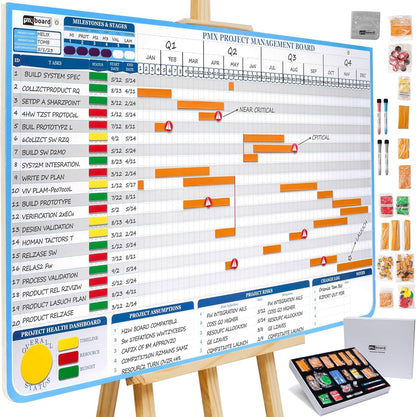 Gantt Chart Project Whiteboard Kit | 668 Magnetic Pieces and Easel | Visual Timeline, Risks & Critical Path Planning | Ultimate Project Management Board for Teams