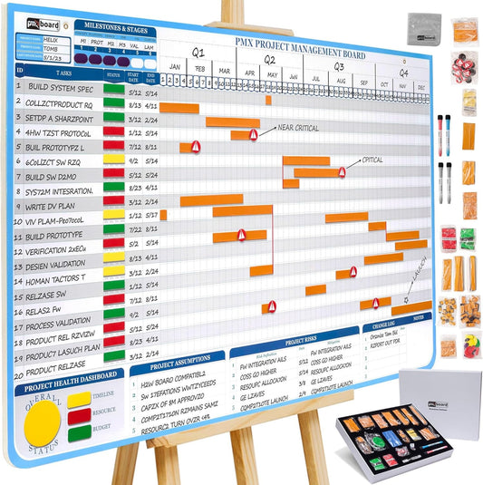 Gantt Chart Project Whiteboard Kit | 668 Magnetic Pieces and Easel | Visual Timeline, Risks & Critical Path Planning | Ultimate Project Management Board for Teams