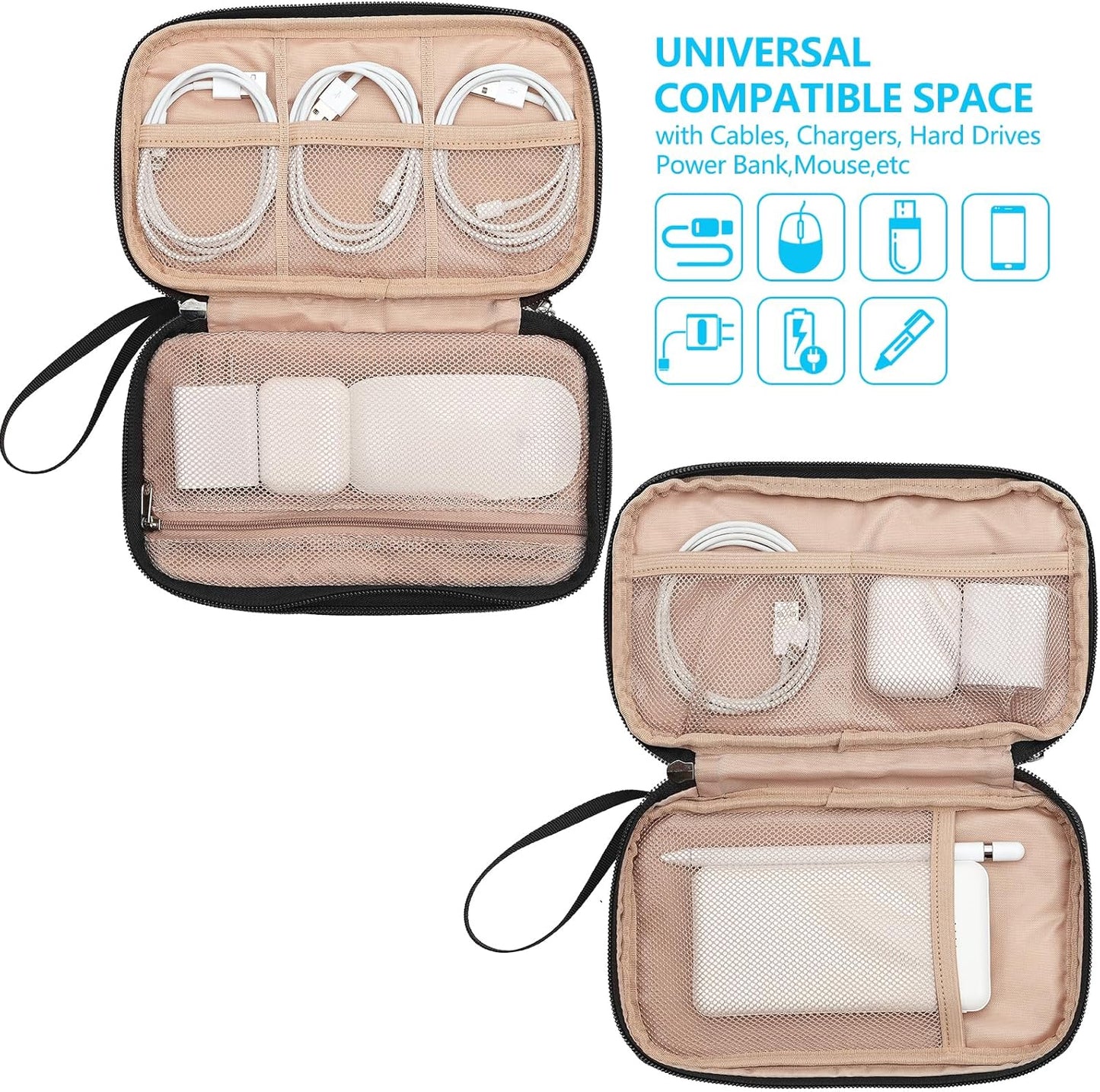 NISHEL Travel Cord Organizer Case, Double Layers Tech Electronic Bag, Essentials for Charger, Cable, Phone, Flash drive, Medium, Pink