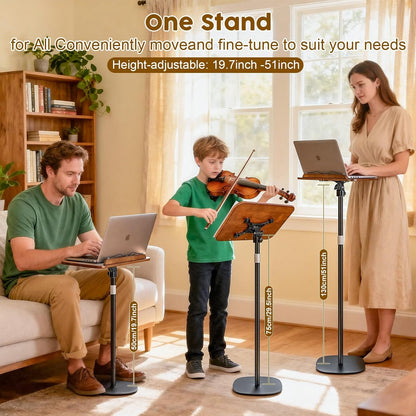 2 in 1 Dual-use Music Stand & Desktop Book Stand, Adjustable Height 16.5"-51", 100% Solid Wood Laptop Floor Stand Book Holder with Page Clips for Cookbooks, Sheet Music (Brown)