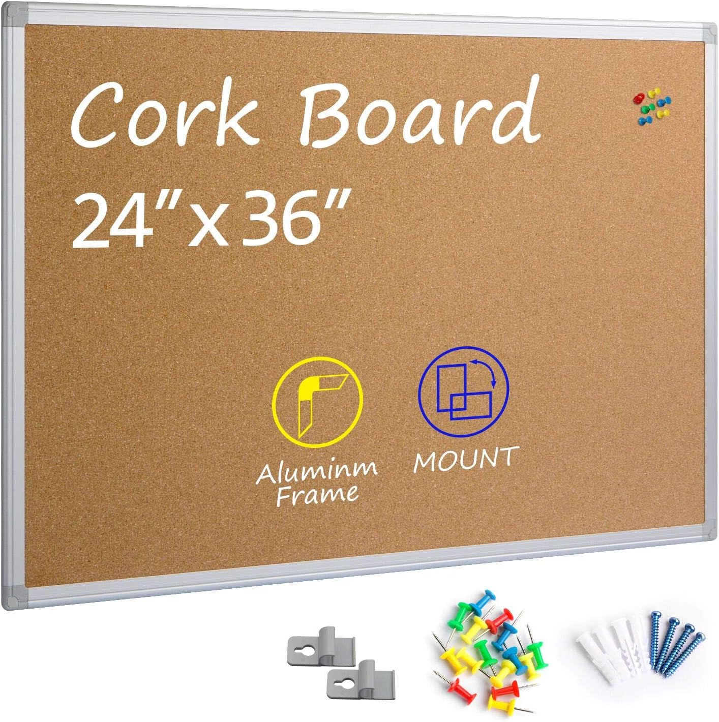 Bulletin Board 36 x 48, Silver Aluminium Framed 4x3 Large Wall Mounted Cork Office Notice Pin Board