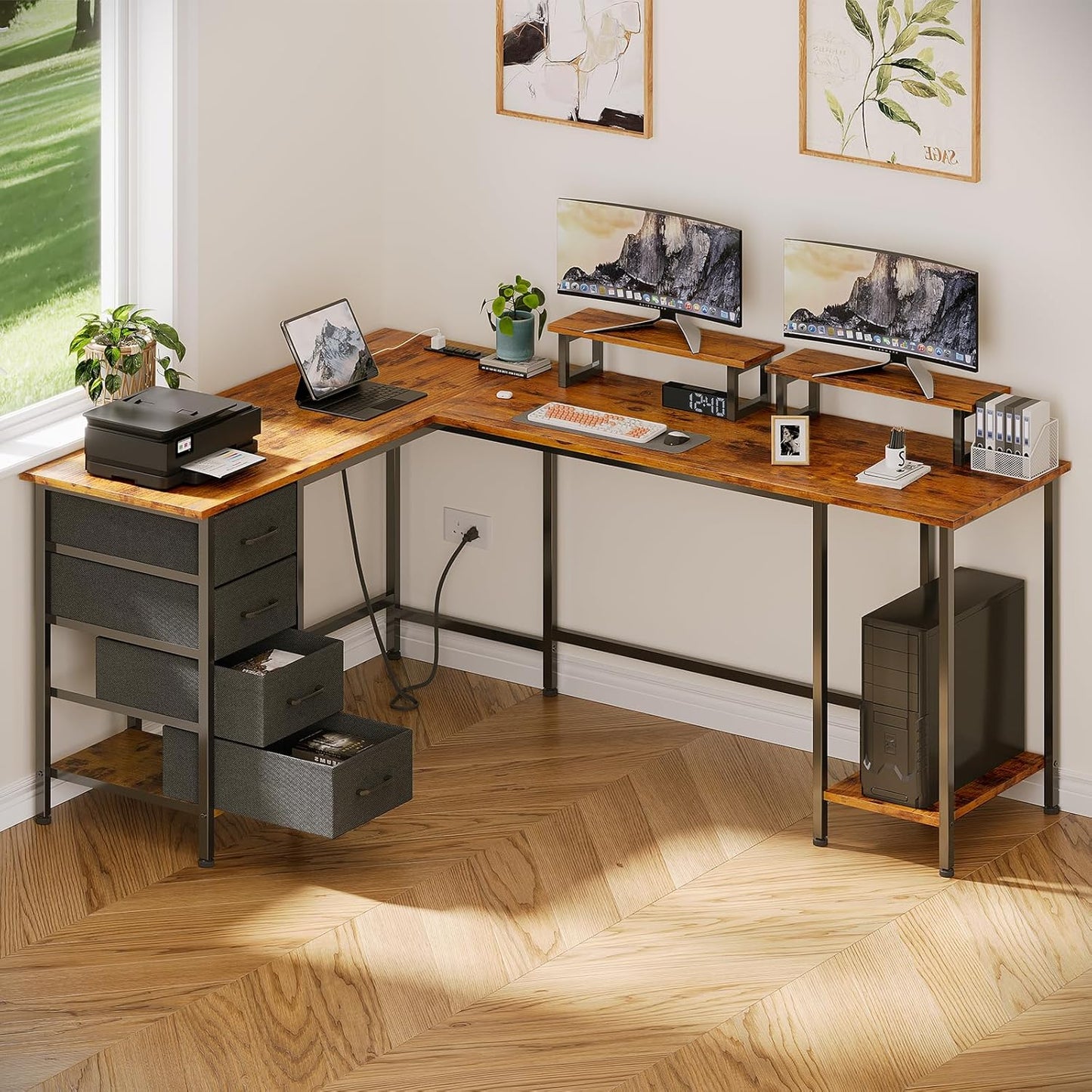 Korfile 59 inch L Shaped Computer Desk with Power Outlets, Home Office Desk with 4 Adjustable Storage Drawers & 2 Monitor Stands, Two Person Gaming Table for Bedroom, Black