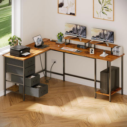 Korfile 59 inch L Shaped Computer Desk with Power Outlets, Home Office Desk with 4 Adjustable Storage Drawers & 2 Monitor Stands, Two Person Gaming Table for Bedroom, Black