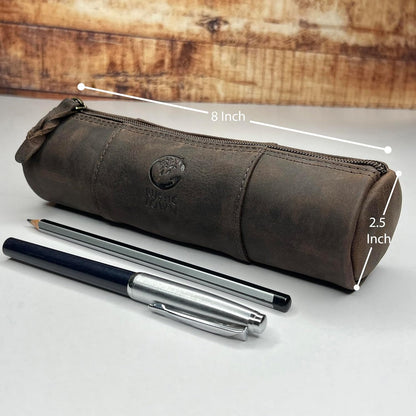 Rustic Town Leather Pencil Case - Full Grain Leather Zippered Pen Pouch - Stationery Bag Pen Holder for Work & Office