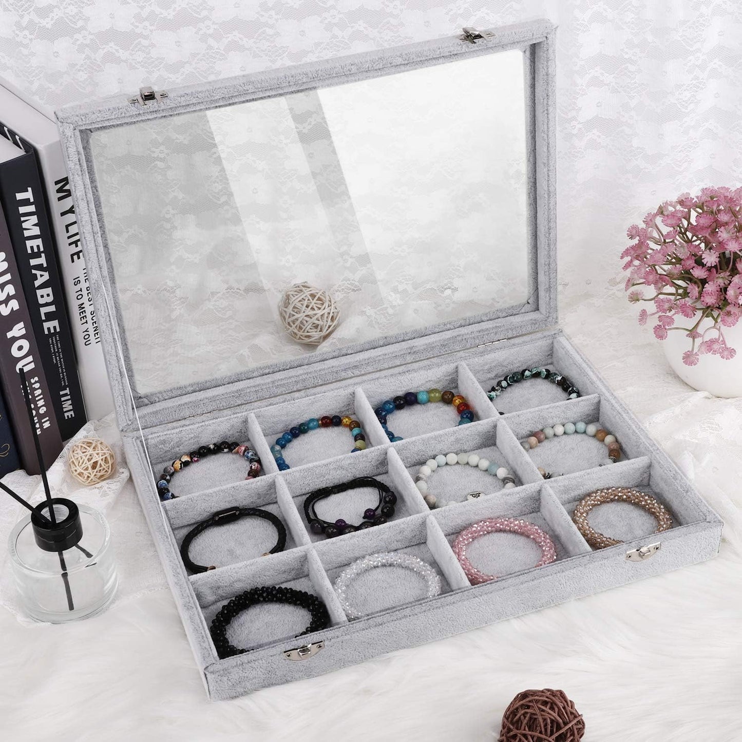 Emibele Glasses Organizer Jewelry Tray, 8 Grids with Clear Lid Velvet Tray Watch Storage Stackable Jewelry Showcase Display Storage with Detachable Inner Dividers, Beige