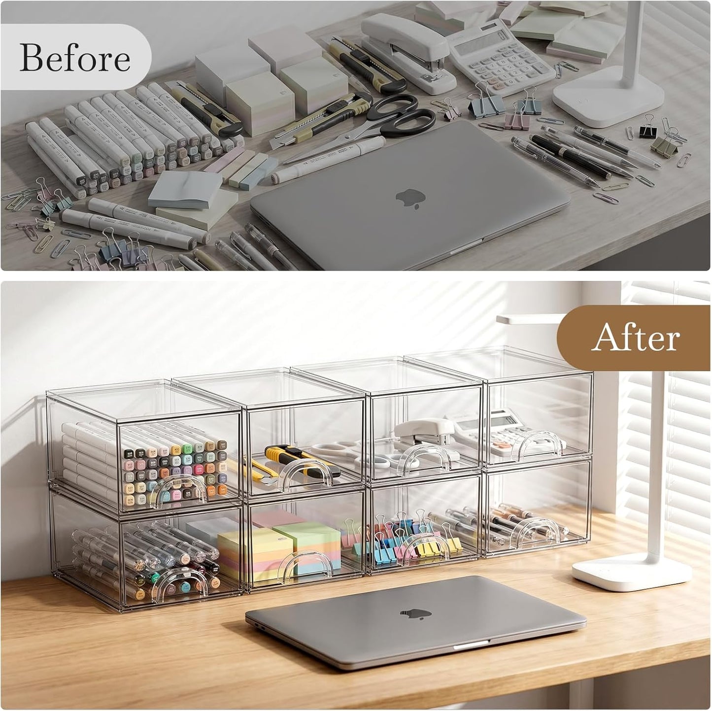 8 Pack Small Clear Stackable Acrylic Storage Boxes for Art Tool & Sketch, Storage Drawers, Storage Organizer, Clear Plastic Makeup Organizer, Ideal for Vanity, Cabinet, Desk Organization