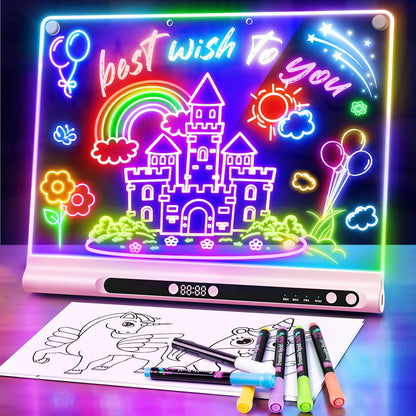 16“ Rechargeable LED Drawing Board, 9-Color Light Modes with Timer & Built-in Stand, Neon Art Dry Erase Glow Up Doodle Note Pad, Sketching Gift Toy for Kids/Girls/Teens, 6 Markers & Tracing Book