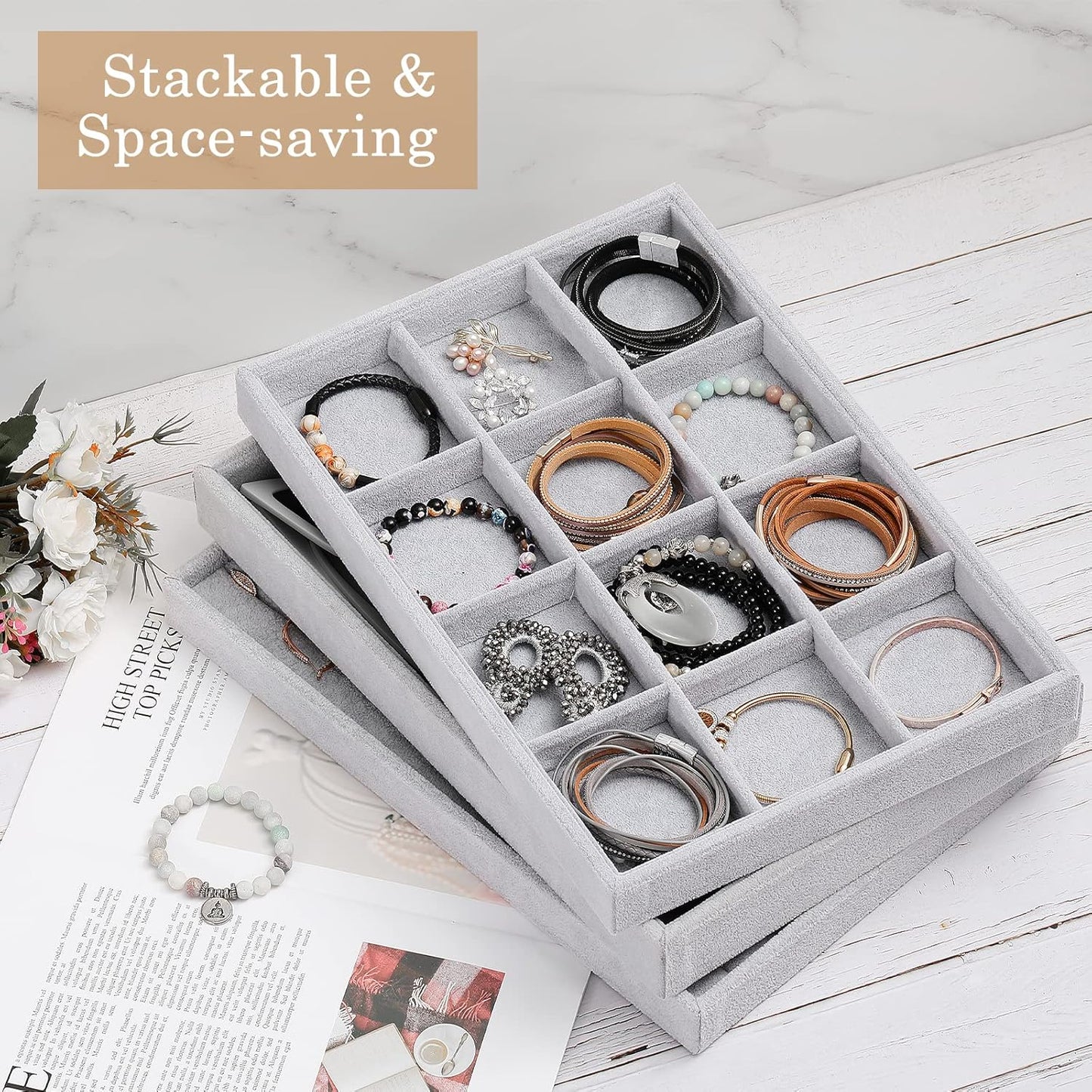 Emibele Glasses Organizer Jewelry Tray, 8 Grids with Clear Lid Velvet Tray Watch Storage Stackable Jewelry Showcase Display Storage with Detachable Inner Dividers, Beige
