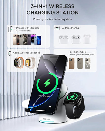 ZEEHOO 3 in 1 Charging Station for Apple Devices, Mag-Safe Charger Stand, Qi2 15W Auto-Rotating Wireless Charger for iPhone 17 16/15/14/13/12 Series& AirPods& iWatch(Black)