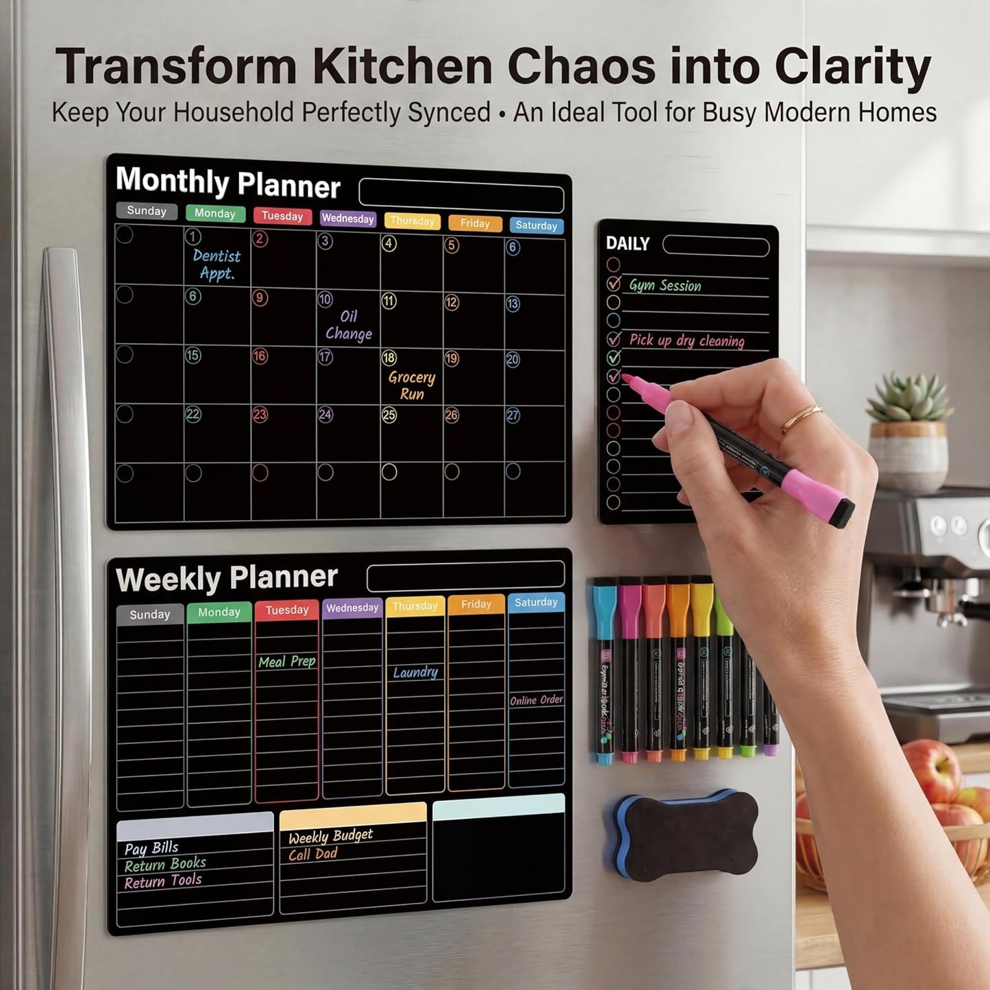 Magnetic Calendar for Refrigerator (3-Pack, Ships Flat) - 17"x12" Monthly, Weekly & Daily Planner with Lined Grids - Nano-Tech Dry Erase Board Fridge Whiteboard, 8 Markers & Eraser