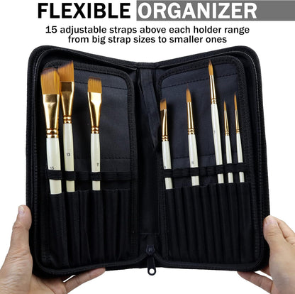 DUGATO Short Paint Brush Holder & Organizer 5.4x10.7 Inches, Blue Canvas Bag for Brushes up to 9.3" Length, Case with 15 Slots, Artist Brush Carrying Case (Brush Not Included)