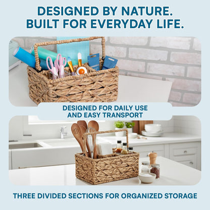 Honey-Can-Do Multi-Use 3-Compartment Wicker Basket Caddy with Handle, Natural STO-09844 Natural Medium