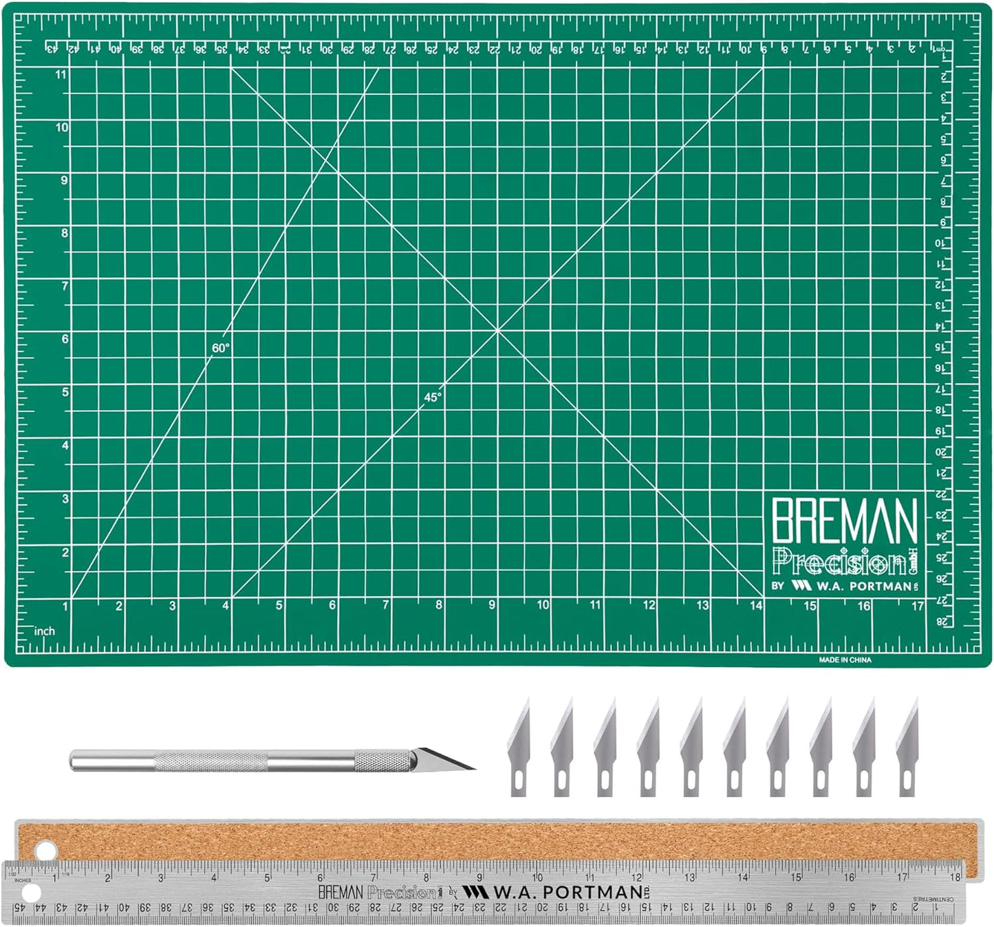 WA Portman 12x18 Inch Self Healing Cutting Mats for Crafts – Fabric Cutting Mat with Precision Craft Knife, 10#11 Hobby Knife Blades & Metal Ruler 18 Inch Cork Backed Ruler – All-in-One Craft Kit