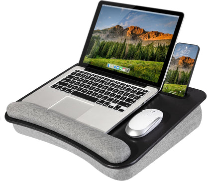 LAPGEAR Portable Laptop Lap Desk with Pillow Cushion, Anti-Slip Strip, Tablet or Phone Storage Slot, Pen and Pencil Pocket, and Wrist Rest - Espresso Woodgrain - Fits 15.6" Laptops - Style No. 91342
