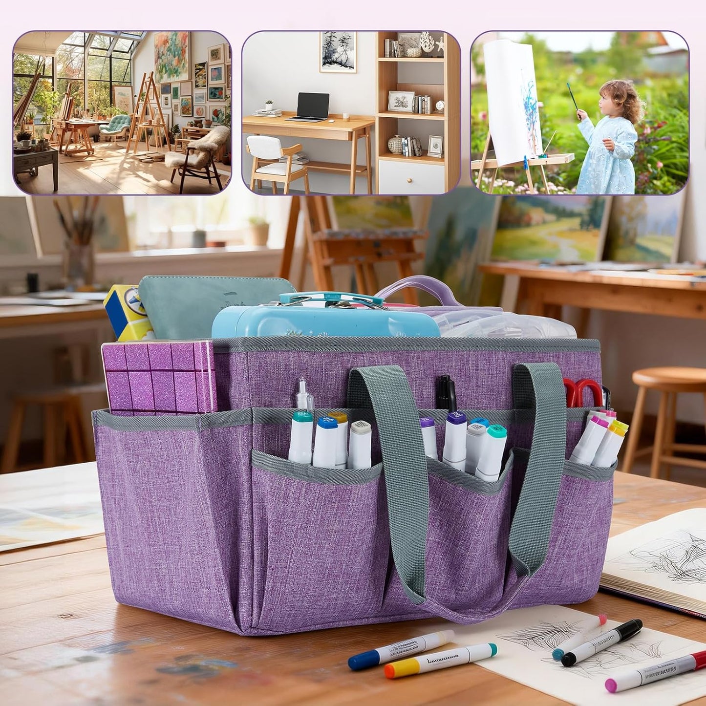 Craft Organizer Tote Bag, Art Organizer, Craft Caddy with Multiple Pockets, Storage Bag for Sewing Tools, Art Supplies, Home and Office (Cat Print)
