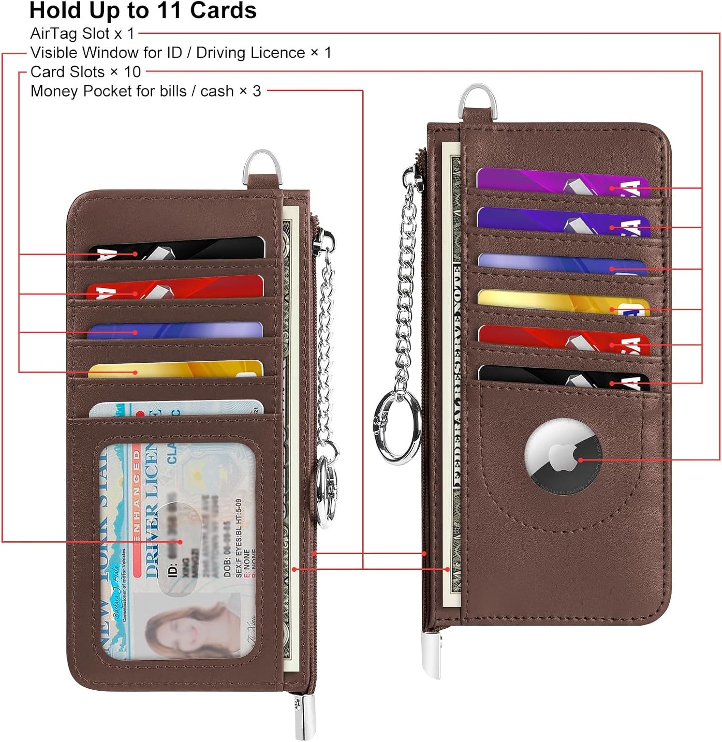 RFID Blocking Slim Credit Card Holder Wallet with Zipper Money Pocket & Keychain, Slim Airtag Wallet for Men Women