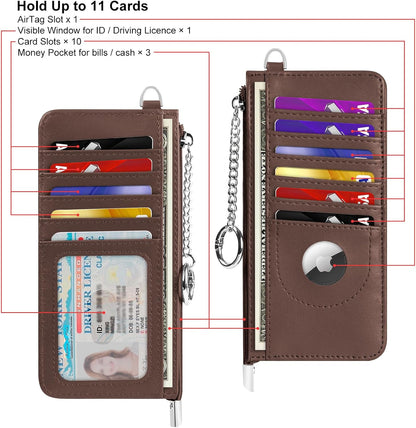 RFID Blocking Slim Credit Card Holder Wallet with Zipper Money Pocket & Keychain, Slim Airtag Wallet for Men Women