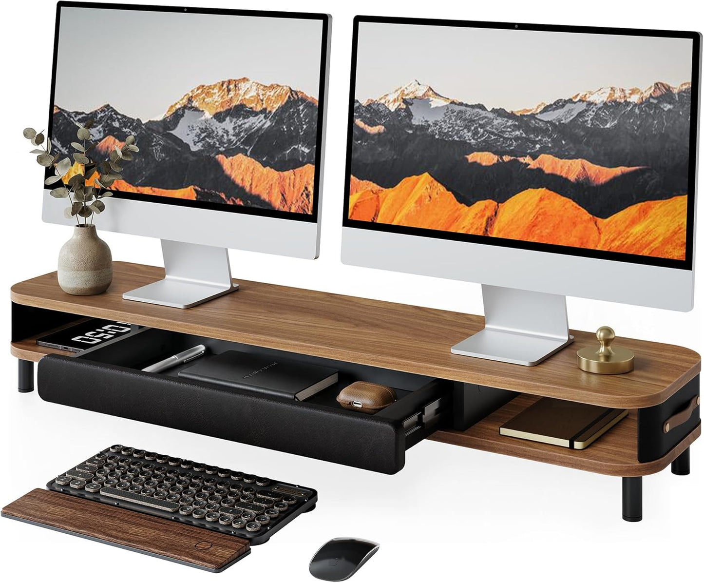 Fenge Monitor Stand with Large Drawer, 42.5 Inch Dual Monitor Riser for 2 Monitors, Ergonomic Computer Desk Shelf with Soft Touch Leather & Storage Organizer for Laptop, Computer, TV, PC, Printers