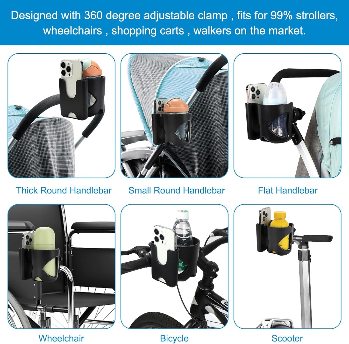 Accmor Stroller Cup Holder, Universal Cup Holder for Stroller Walker Bike, 360° Rotatable Large Caliber Designed Bottle Holder for Stroller, Bike, Wheelchair, Scooter