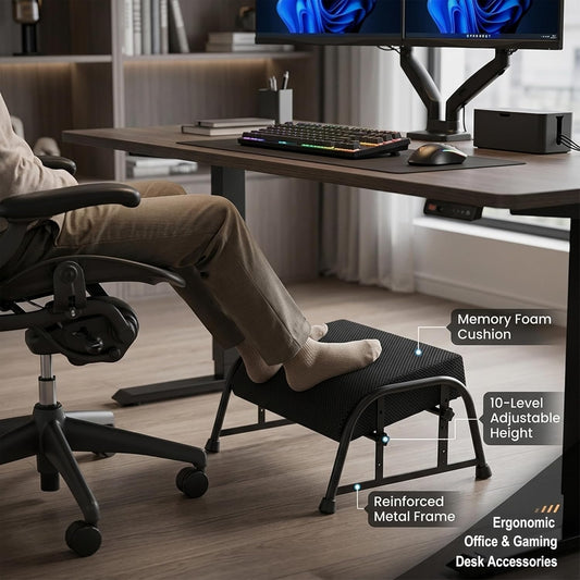 Under Desk Footrest with Memory Foam,Adjustable 10-Level Ergonomic Foot Rest for Office & Gaming Desk for Leg Rest,Reinforced Metal Frame,Non-Slip Base Extra Large（Black No Baseplate