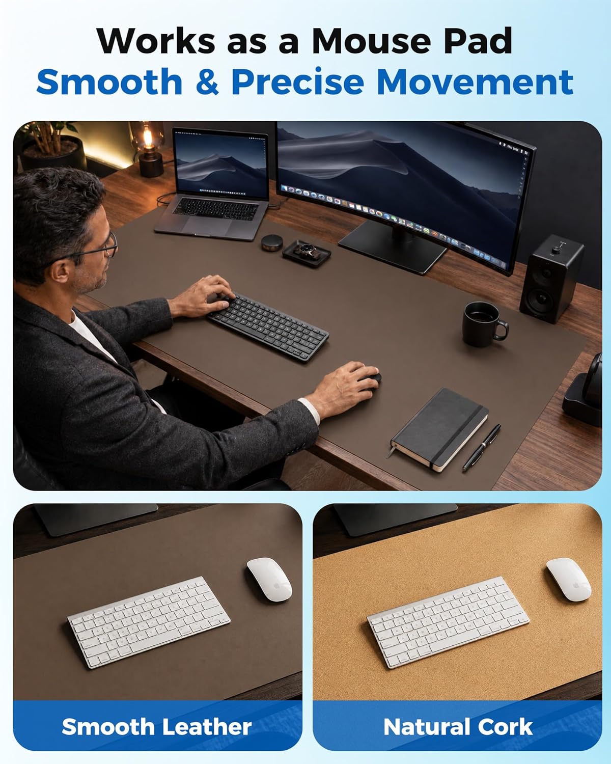 Aothia Dual-Sided Desk Pad - 25.6x13.7 inches Leather Desk Mat, Natural Cork Desk Pad Protector, Large Mouse Pad for Desk, Waterproof Desk Blotter Pad, Desk Writing Pad for Office Work/Home, Black