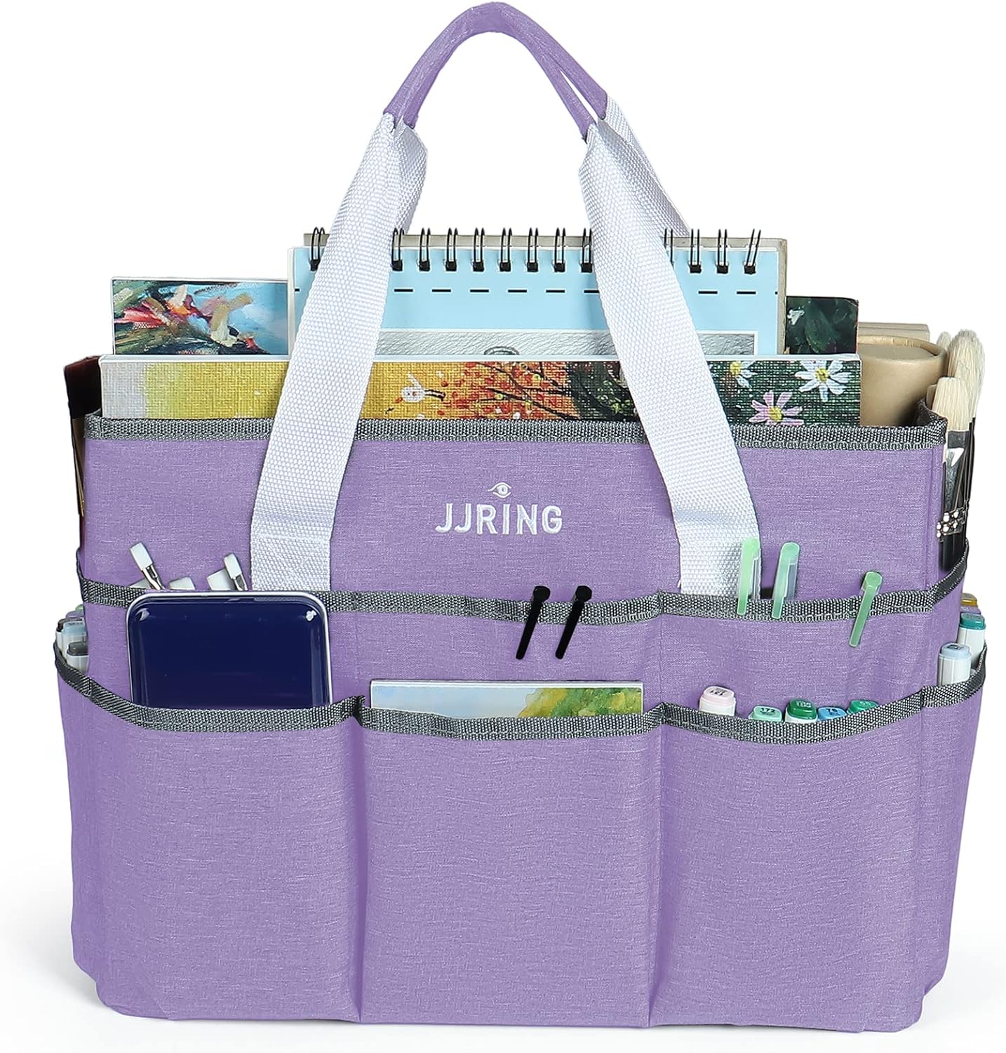 JJRING Craft Organizer Tote Bag for Art Storage, Caddy with Multiple Pockets, Bluish Green Sewing Bag for Scrapbooking, School, Medical, and Office Supplies