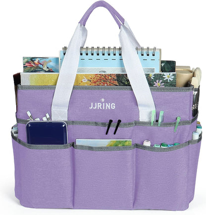 JJRING Craft Organizer Tote Bag for Art Storage, Caddy with Multiple Pockets, Bluish Green Sewing Bag for Scrapbooking, School, Medical, and Office Supplies