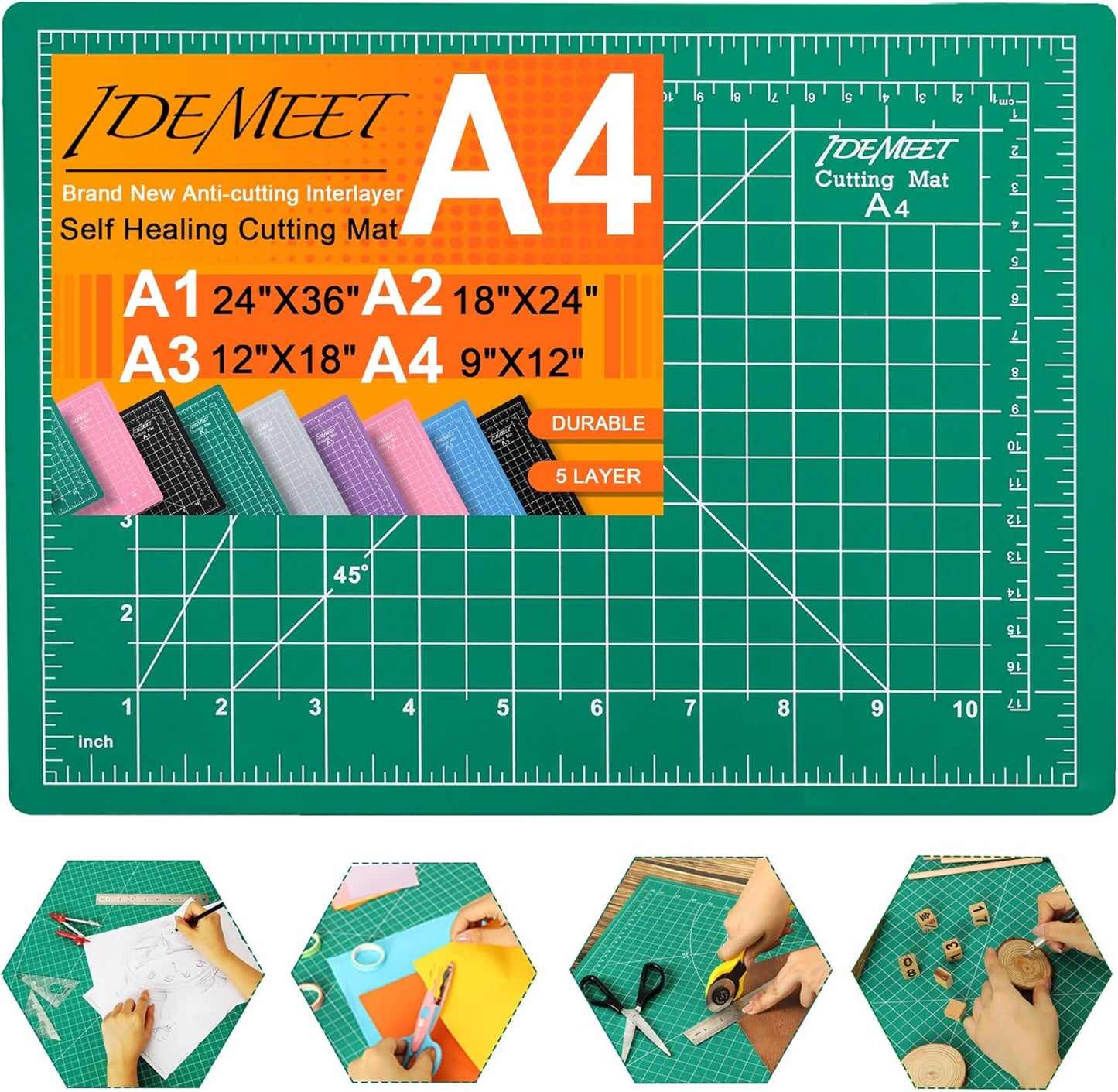 Density-upgraded 18"x12" Self Healing Cutting Mat, Idemeet Rotary Sewing Mat for Crafts, 5-Ply Blade Table Protector Cut Board for Fabric Leather Cutting Quilting Modeling Hobby Project, A3, Black