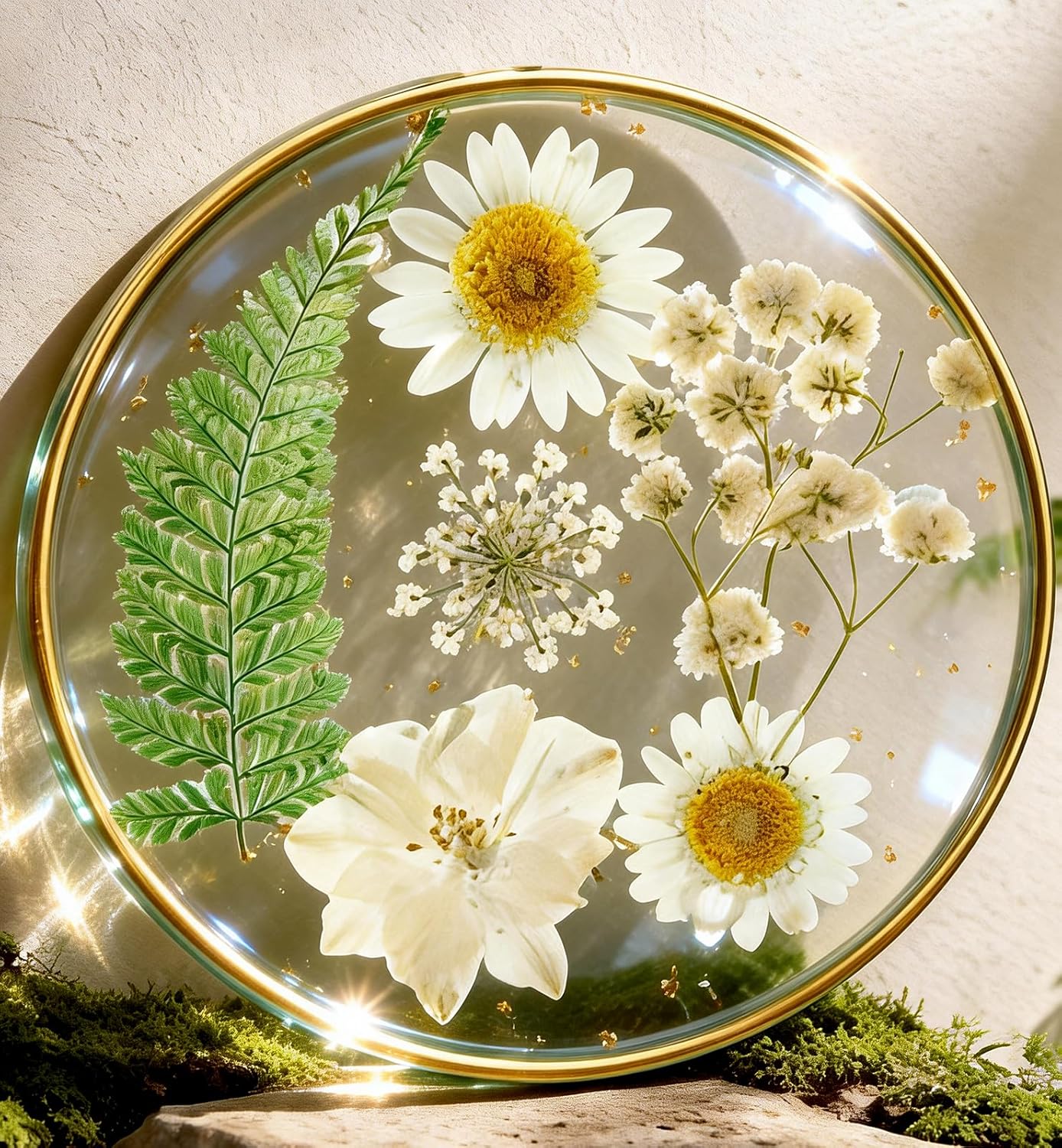 Oqplog Resin Drink Coaster for Desk Coffee Table-White Cute Dried Flowers Cup Coaster for Work Office Home Outdoor Decor Gifts for Girls Women,1 Pcs