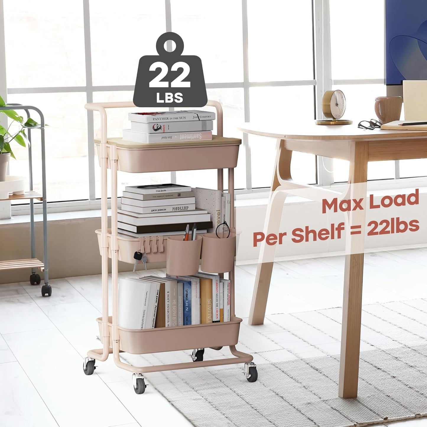 DTK 3 Tier Metal Utility Rolling Cart with Table Top and Side Bags, Tray Storage Organizer Wheels, Art Craft 4 Hooks for Kitchen Bathroom Office Living Room (Black)
