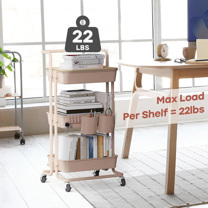 DTK 3 Tier Metal Utility Rolling Cart with Table Top and Side Bags, Tray Storage Organizer Wheels, Art Craft 4 Hooks for Kitchen Bathroom Office Living Room (Black)