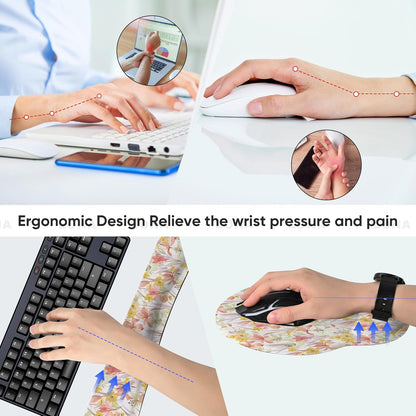 RICHEN Keyboard Wrist Rest and Mouse Pad with Wrist Support, Memory Foam Set for Gaming and Office, Comfortable & Lightweight for Easy Typing & Pain Relief (White Butterflies)