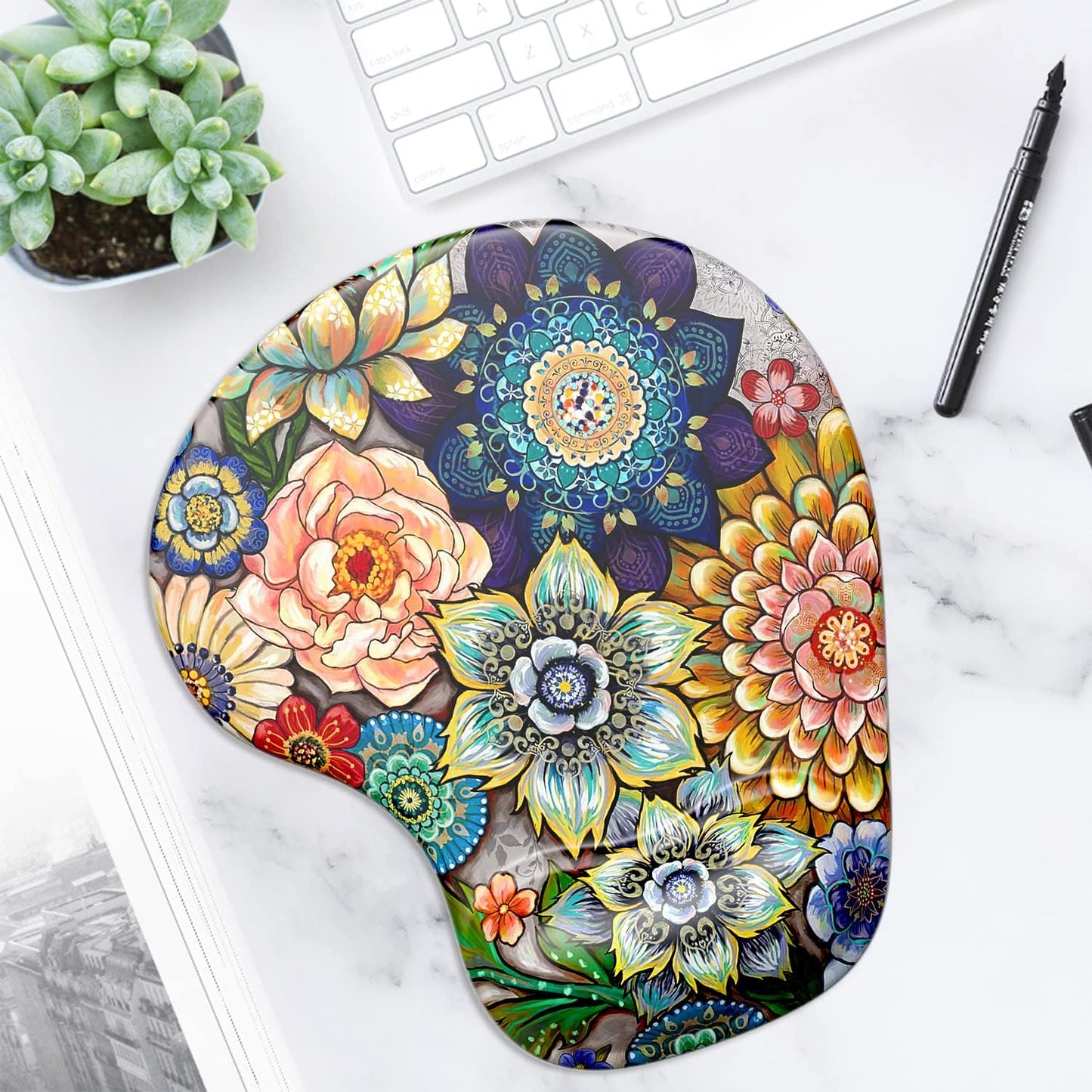 ITNRSIIET Ergonomic Mouse Pad with Gel Wrist Support Wrist Rest Smooth Surface Non-Slip PU Base Comfortable Office Supplies Pain Relief, 9.5 x 8 inches, Beach