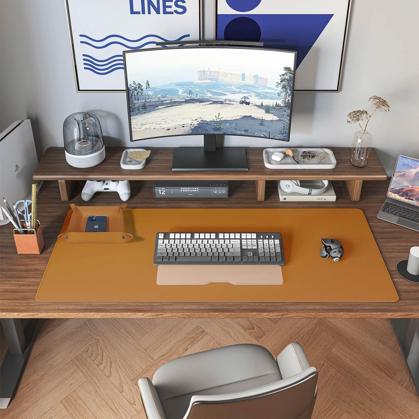 DAWNTREES Dual Sided Desk Mat,Leather Desk Pad,Brown 40"x16",Cork Desk Mat Protector,with PU Leather Valet Tray Organizer,Large Mouse Pad,Desk Writing Pad for Office and Home