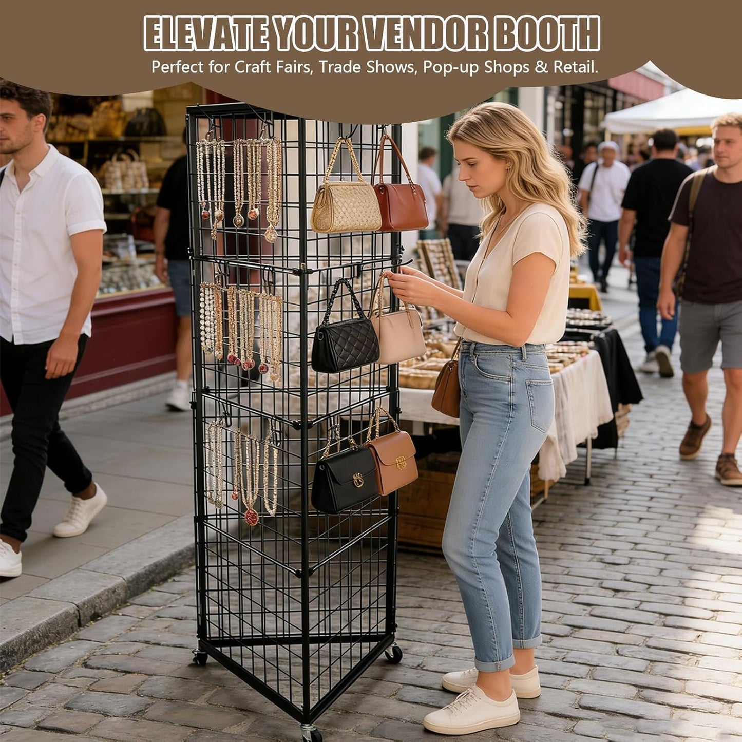 Grid Wall Panels Foldable Gridwall Display Stand 3-Sided Triangular with Wheels, Rolling Wire Grid Tower for Craft Show, Retail & Vendor Event(24" x 68")
