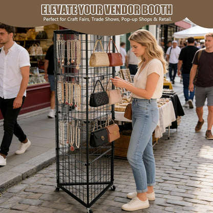 Grid Wall Panels Foldable Gridwall Display Stand 3-Sided Triangular with Wheels, Rolling Wire Grid Tower for Craft Show, Retail & Vendor Event(24" x 68")