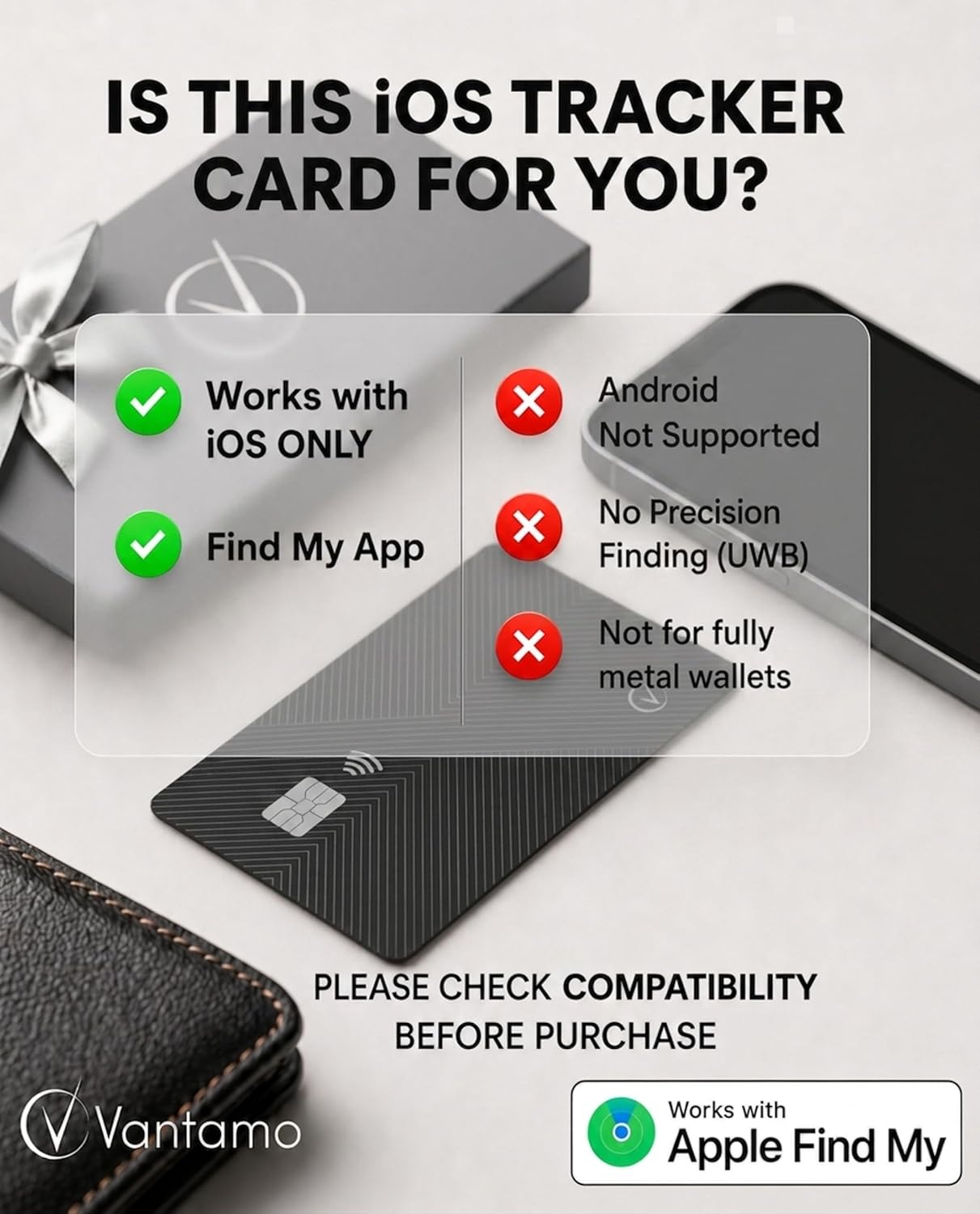 Vantamo Ultra-Thin Wallet Tracker Card, Apple MFi Certified, IP68 Waterproof Bluetooth Smart Card Wallet Tracker & Passport, Works with Apple Find My, Wireless Charging, iOS Only
